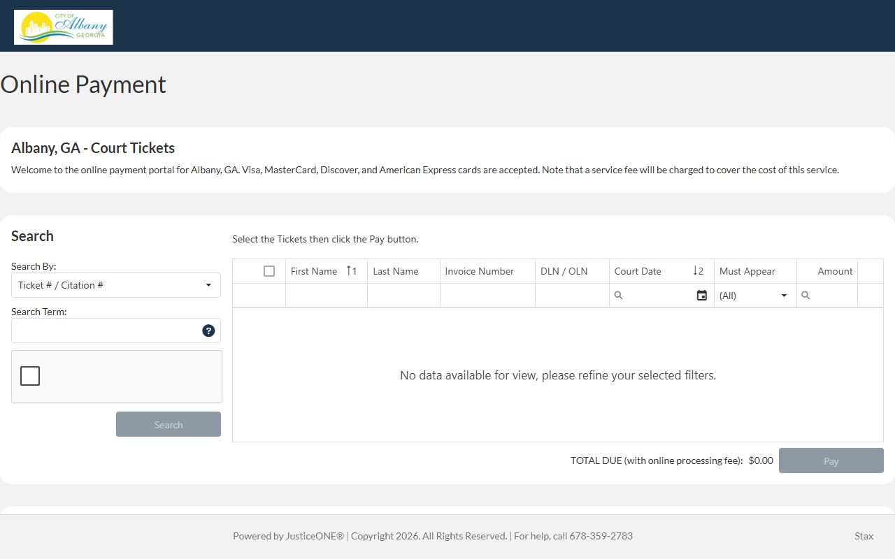 Dougherty County traffic court records Albany JusticeONE citation payment search